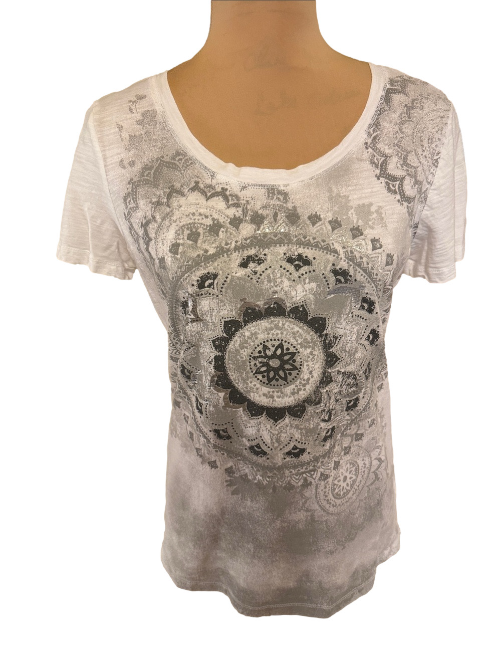 Women's White Graphic Scoop Neck Tee with Grey Mandala Print